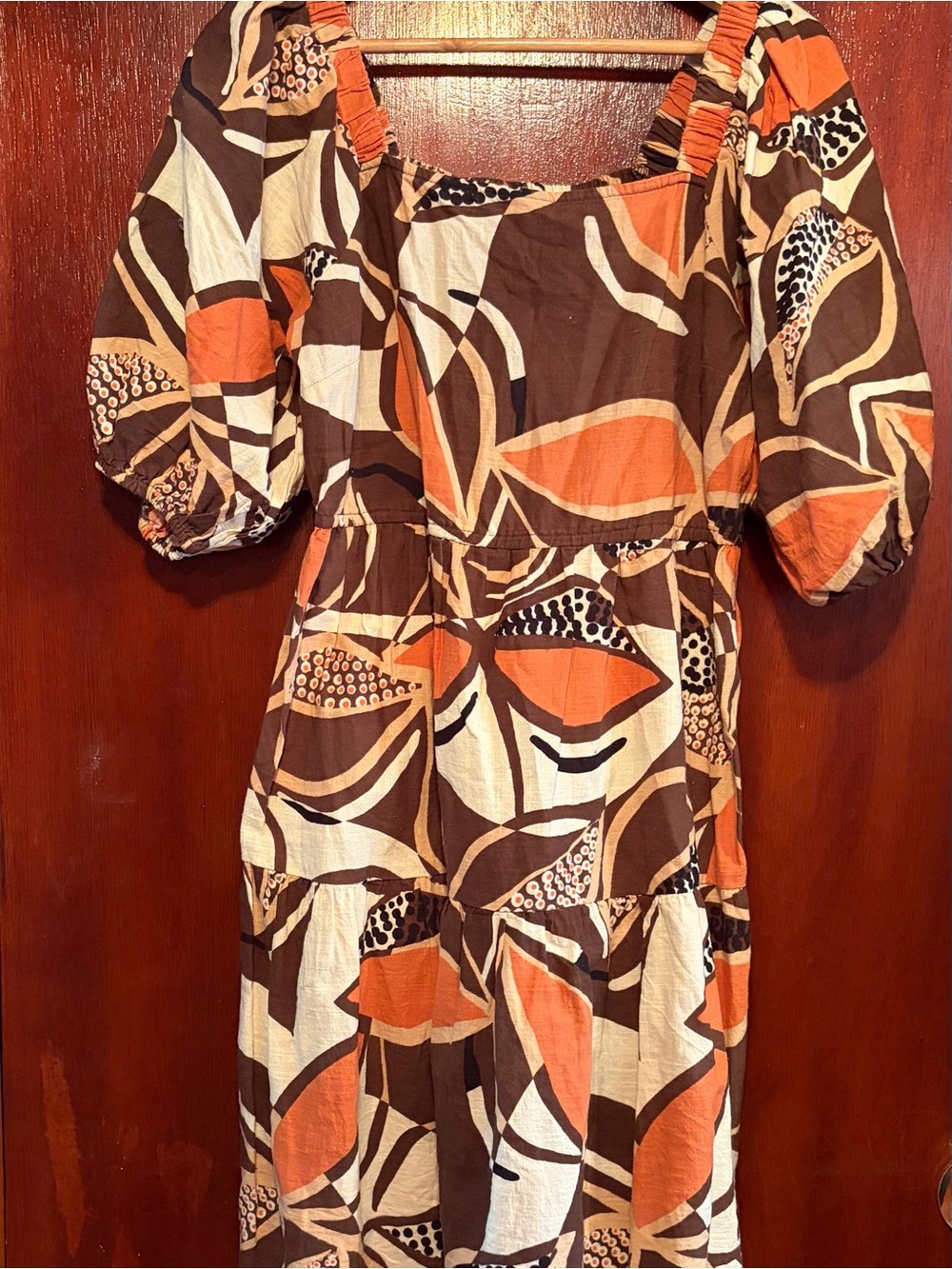 Mlle Gabrielle Brown & Orange Printed Puff-Sleeve Midi Dress